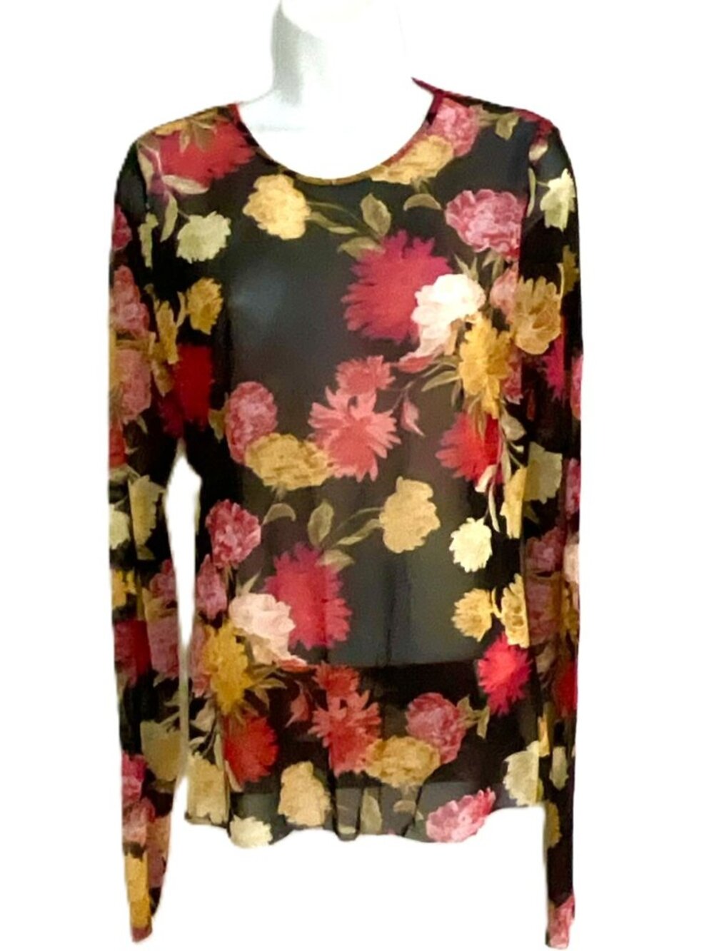 iBlues Floral Mesh Sheer Long Sleeveless Top Black Multicolor Strech Size L